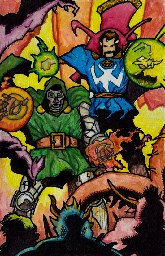 PRINT 4"x8"- Dr. Strange & D. Doom homage - Watercolor Painting (print)