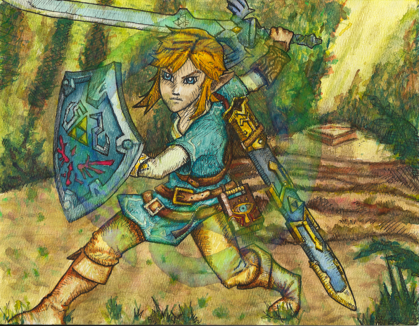 Link with Master Sword from Zelda: Breath of the Wild -Watercolor Painting (Original)